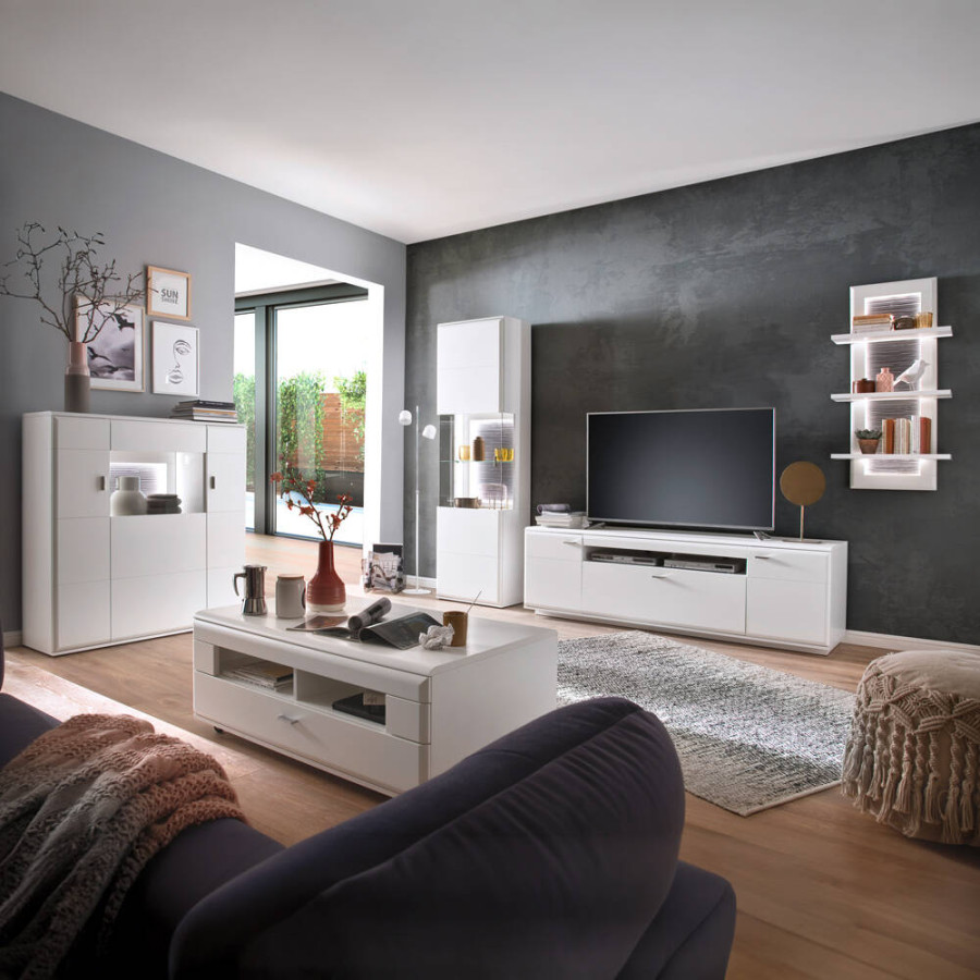 Wohnwand weiß matt ALIA- modern -teilig mit Highboard und Couchtisch,  optional LED Beleuchtung